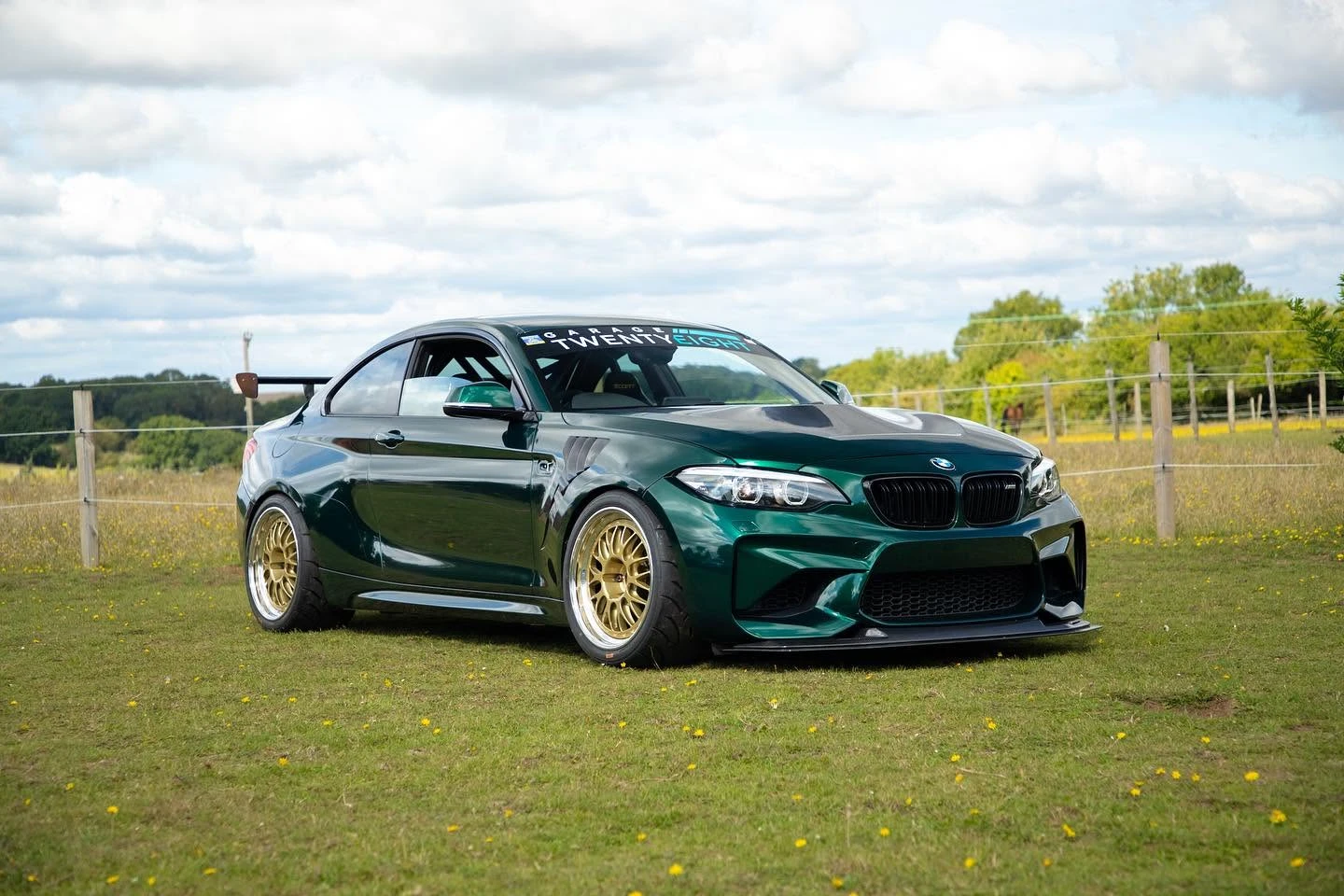 Green BMW sports car with gold wheels parked on grass under a cloudy sky with a wooden fence behind.